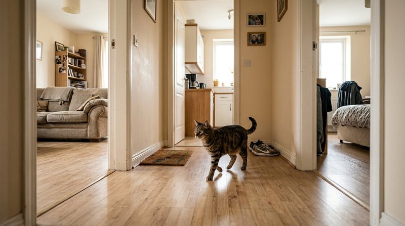 Un gato marrón caminando por el pasillo de un piso pequeño con todas las puertas abiertas, inspeccionando las habitacion