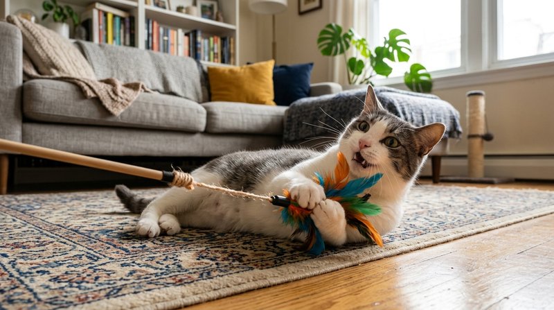 Un gato blanco y gris atrapando con las dos patas un juguete de plumas en el suelo de un salón, con gesto de triunfo, am
