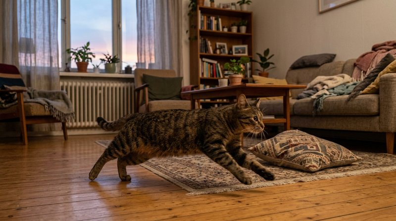 Un gato atigrado corriendo desbocado por el salón de un piso pequeño al amanecer, con las patas en pleno movimiento y un