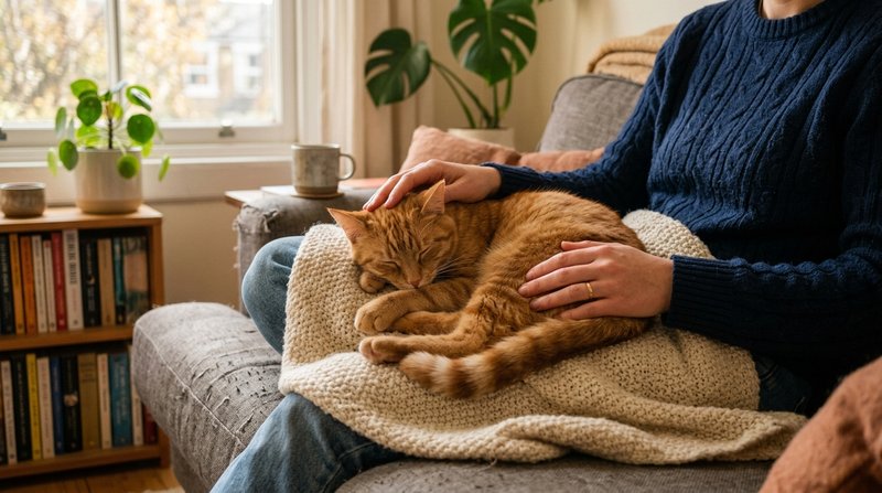 Unas manos acariciando con calma a un gato naranja acurrucado en el regazo de una persona sentada en el sofá, ambiente h