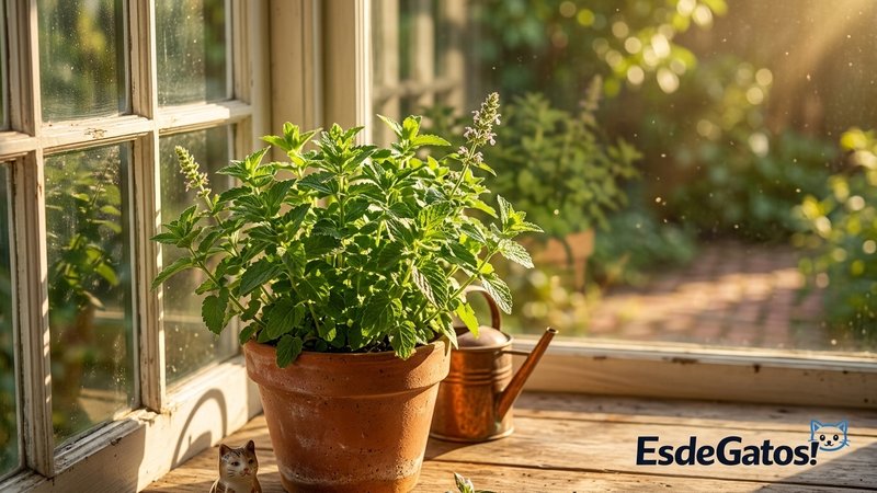 Una planta de hierba gatera fresca y verde creciendo en una maceta junto a una ventana soleada de una casa