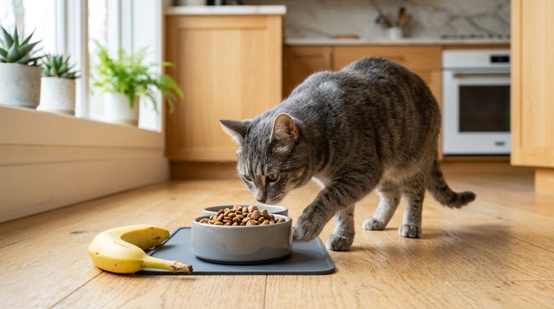 Un cuenco con comida de gato junto a un plátano entero sobre el suelo de una cocina luminosa, con un gato gris eligiendo