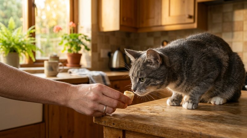 Una mano ofreciendo un trocito muy pequeño de plátano a un gato gris que lo olfatea con cautela en una cocina luminosa,