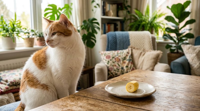 Un gato blanco y naranja apartando la cara con indiferencia ante una rodaja de plátano en un plato sobre la mesa de un s