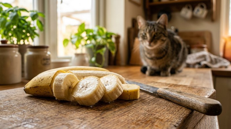 Un plátano cortado mostrando su pulpa sobre una tabla de madera rústica, con un gato atigrado observando desenfocado al