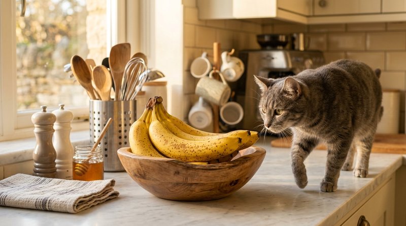 Un racimo de plátanos maduros en un frutero sobre la encimera de una cocina ordenada, con un gato gris curioso acercándo
