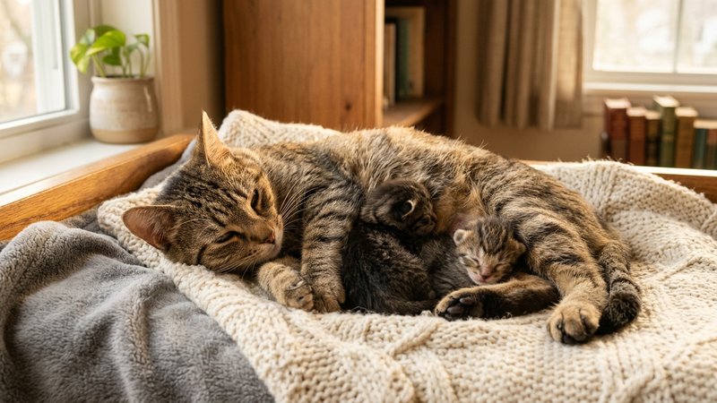 Una gata con dos gatitos recién nacidos descansando sobre una manta suave en un rincón cálido de una casa, escena tierna