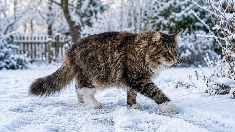Un gran gato de pelo largo tipo Maine Coon caminando sobre la nieve en un jardín invernal, sus patas anchas apoyadas en