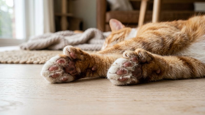 Un primer plano detallado de las patas delanteras de un gato polidáctilo sobre una superficie clara, dejando ver los ded