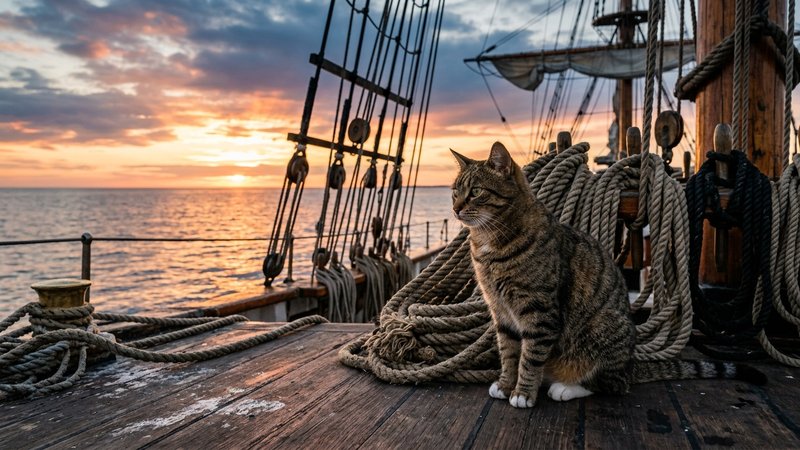 Un gato sentado sobre la cubierta de madera de un antiguo barco de vela junto a cuerdas enrolladas, actitud tranquila y
