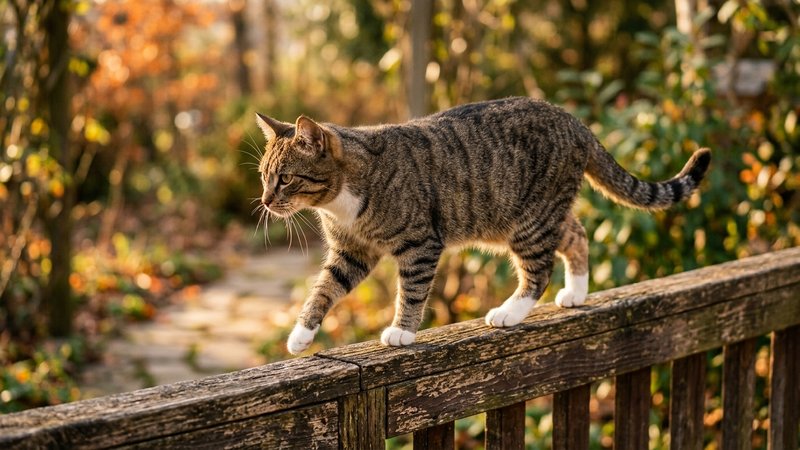 Un gato caminando con equilibrio por una barandilla o borde estrecho de madera, cuerpo firme y patas anchas bien apoyada