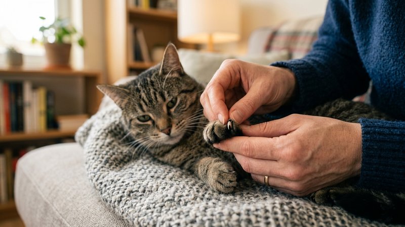 Unas manos humanas sujetando con delicadeza la pata delantera de un gato para revisarle las uñas en el salón de una casa