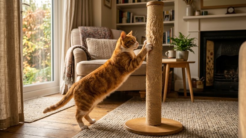 Un gato afilando las uñas en un rascador vertical de sisal dentro de un salón hogareño, cuerpo estirado y patas apoyadas