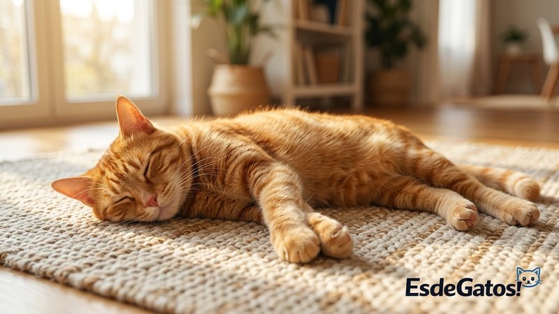 Un gato naranja durmiendo de lado con las patas estiradas y totalmente relajado sobre una alfombra en una sala luminosa,
