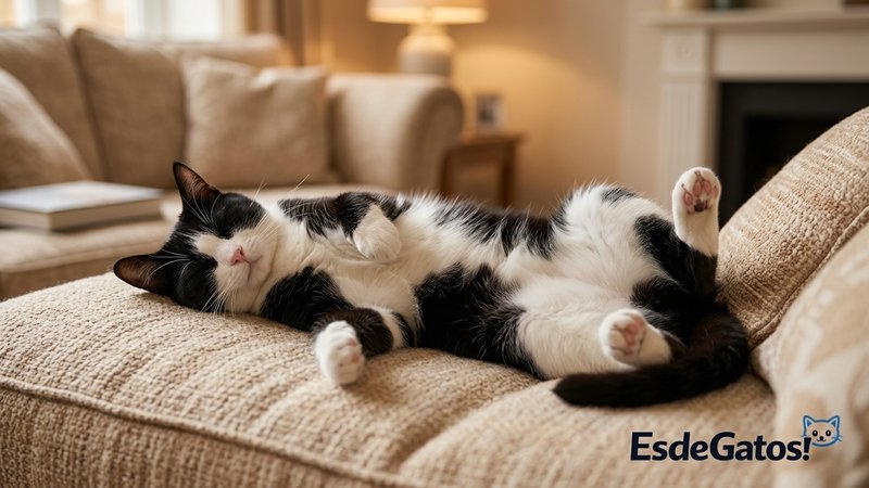Un gato blanco y negro durmiendo panza arriba con la barriga hacia el techo y las patas relajadas al aire, tumbado sobre