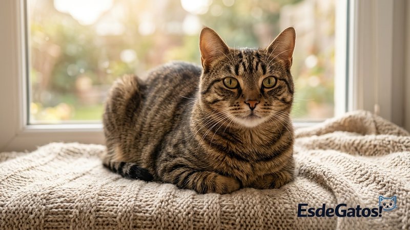 Un gato atigrado en postura de pan, con las patitas escondidas debajo del cuerpo y la cabeza erguida, descansando sobre