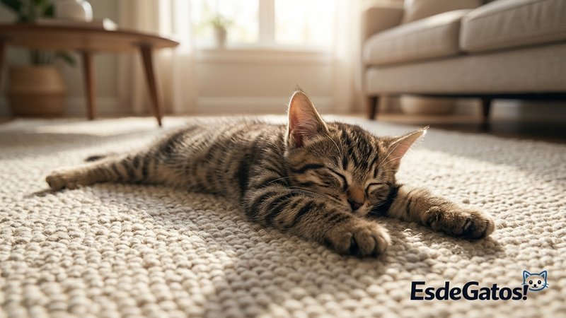 Un gato joven durmiendo en la postura de Superman, tumbado boca abajo con las patas delanteras estiradas hacia el frente