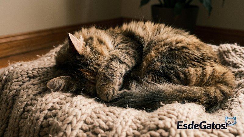Un gato de pelo largo durmiendo profundamente con una patita cubriéndole la cara, acurrucado sobre una manta esponjosa e