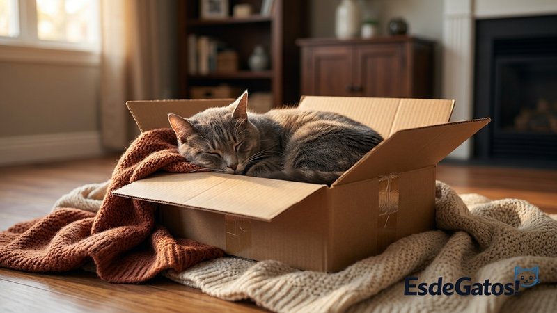 Un gato gris acurrucado y durmiendo dentro de una caja de cartón colocada en el suelo de un salón acogedor, con mantas s