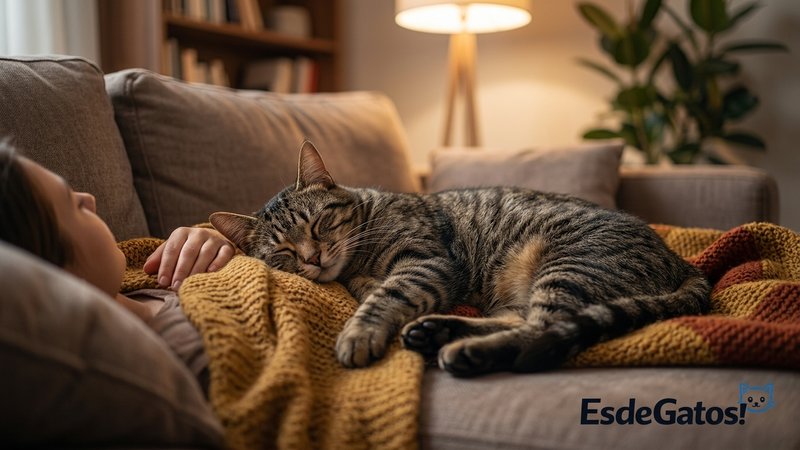 Un gato atigrado durmiendo plácidamente encima del pecho de una persona recostada en el sofá, en un momento de calma y c