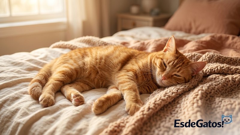 Un gato naranja descansando estirado en una postura relajada y algo contorsionada sobre una cama cálida, con los ojos en