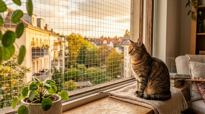 Un gato tranquilo sentado junto a una ventana amplia protegida con red de seguridad en un piso luminoso, mirando al exte