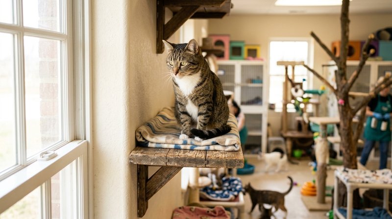 Un gato adulto atigrado sano observando tranquilo desde una repisa alta de madera en una sala clara de refugio felino, m
