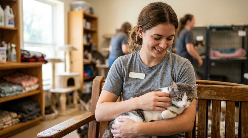 Una voluntaria sujetando con delicadeza en brazos a un gato blanco y gris tranquilo, ambos relajados, sala luminosa de r