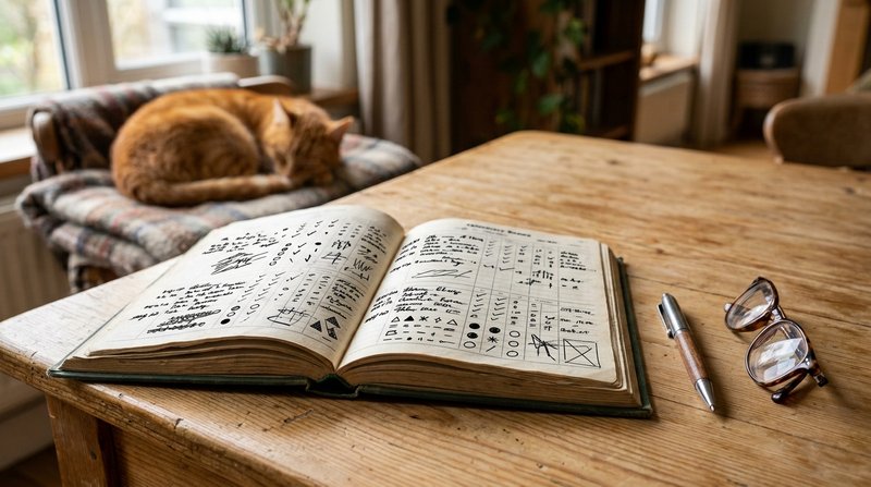 Una cartilla veterinaria abierta sobre una mesa de madera clara junto a un bolígrafo y unas gafas, con un gato descansan