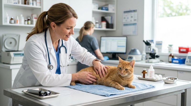 Una veterinaria con bata revisando con cuidado a un gato tranquilo sobre una mesa de consulta luminosa, manos suaves y g
