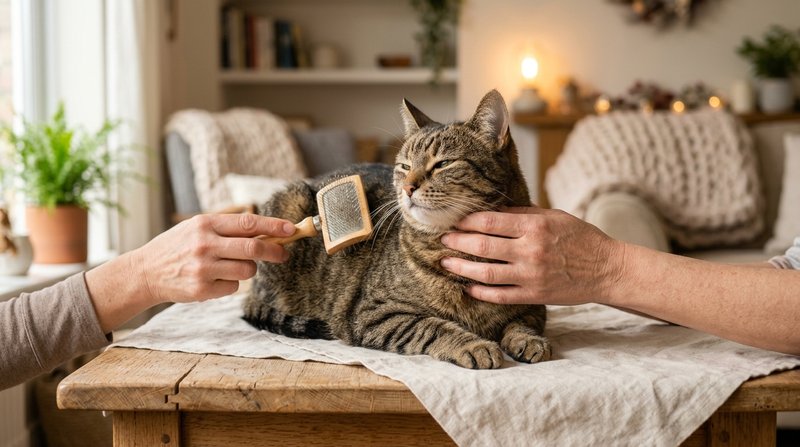 Unas manos cepillando con suavidad a un gato atigrado relajado sentado sobre una mesa clara, expresión de calma en el ga