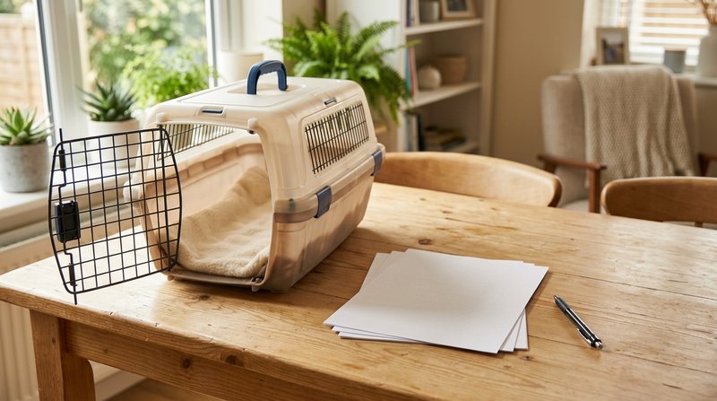 Un transportín de plástico abierto junto a unos documentos en blanco y un bolígrafo sobre una mesa clara de madera, ambi