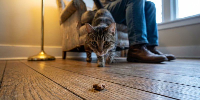 Premio en el suelo a cierta distancia mientras el gato se plantea acercarse