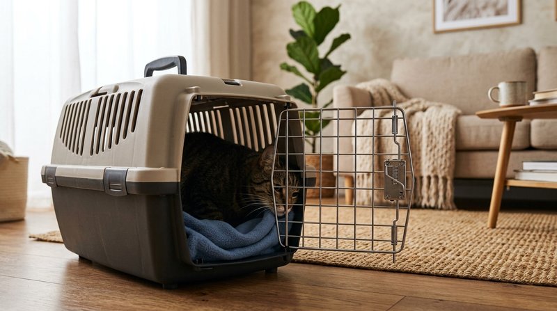 Un transportín de plástico abierto en el suelo de una habitación tranquila y ordenada, con un gato atigrado asomando ape