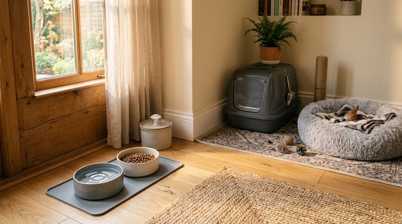 Una habitación preparada para un gato recién llegado, con un cuenco de comida y otro de agua en un rincón, una cama blan