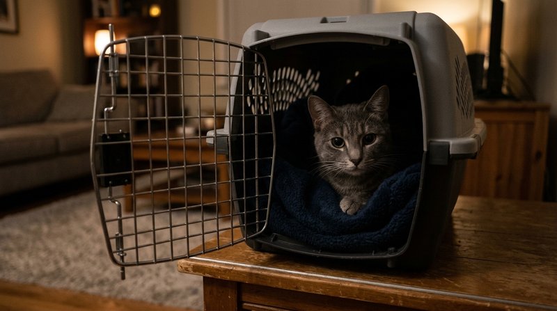 Un gato gris todavía dentro de un transportín con la puerta abierta, observando la habitación en penumbra desde el fondo