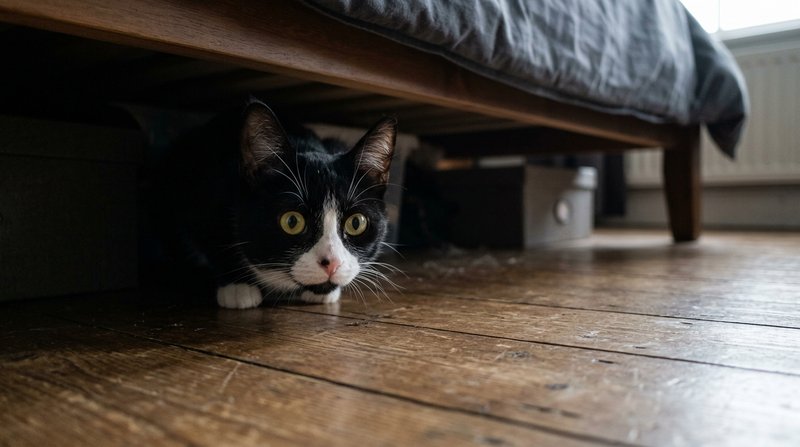 Un gato blanco y negro asomando la cabeza desde debajo de una cama, con los ojos muy abiertos y las orejas atentas, suel