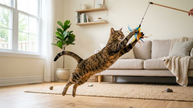 Un gato saltando para atrapar un juguete de plumas colgado de una caña, con movimiento dinámico y las patas estiradas, s