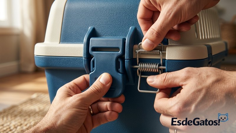 Un primer plano de los cierres y pestillos de un transportín rígido, revisados por unas manos