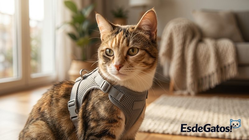 Un primer plano de un gato tranquilo llevando un arnés bien ajustado con sus cintas sobre el pecho, en el salón de casa