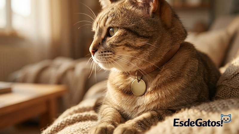 Un primer plano de un gato en casa que lleva un collar con una pequeña placa identificativa colgando