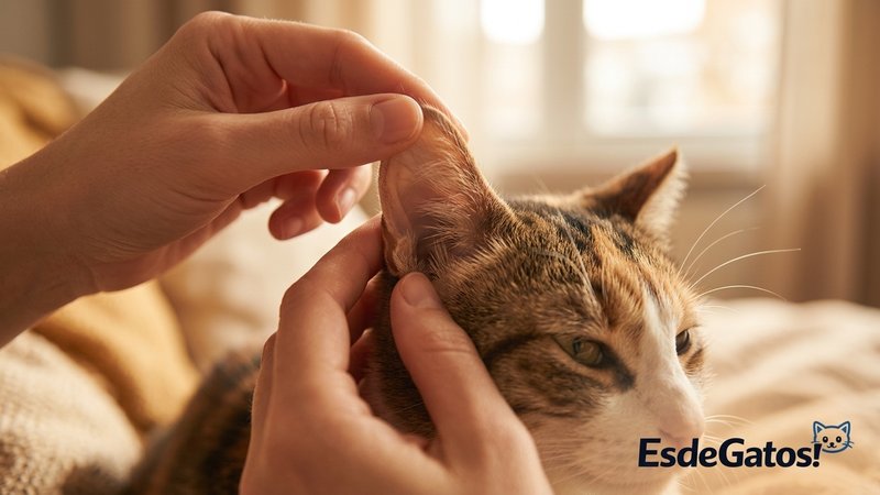 Un primer plano de unas manos abriendo con suavidad la oreja de un gato para mirar dentro, en un ambiente doméstico
