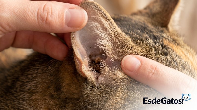Un primer plano de la oreja de un gato con algo de cera oscura acumulada dentro, mientras unas manos la sostienen con