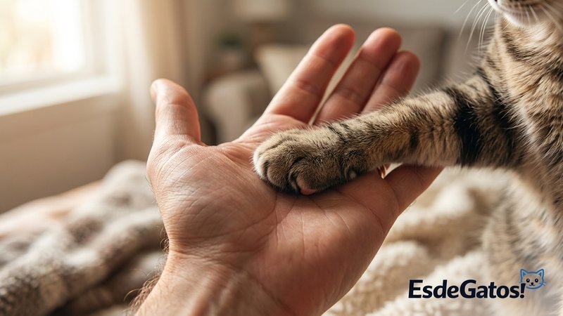 Un primer plano de la patita de un gato apoyada sobre la mano abierta de una persona