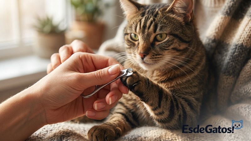 Un primer plano de una persona cortando con cuidado la punta de las uñas de un gato tranquilo