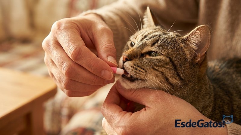 Un primer plano de una persona colocando con cuidado una pastilla en la boca de un gato tranquilo