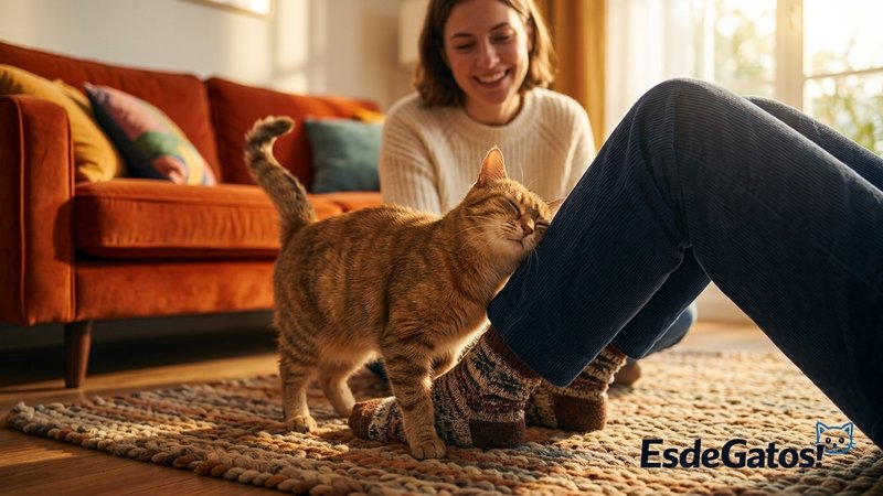 Un gato frotando la cabeza y el cuerpo contra las piernas de su dueña en el salón de una casa cálida, marcando su territ