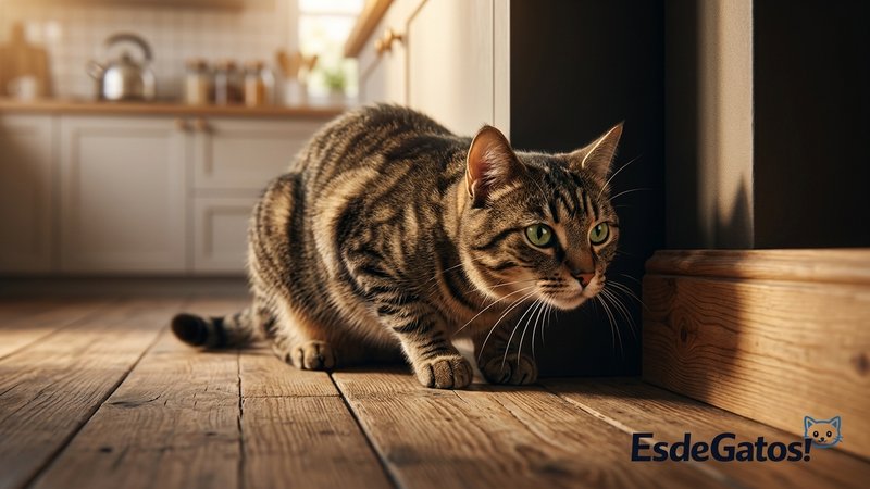 Un gato agazapado y totalmente concentrado, con la mirada fija en un rincón oscuro cerca del zócalo de una cocina hogare