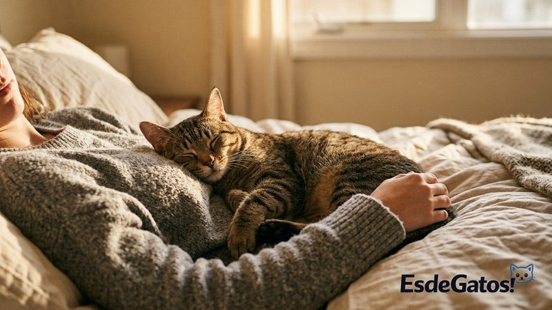 Un gato acurrucado muy pegado y atento junto a una persona que descansa recostada en el sofá, observándola con expresión