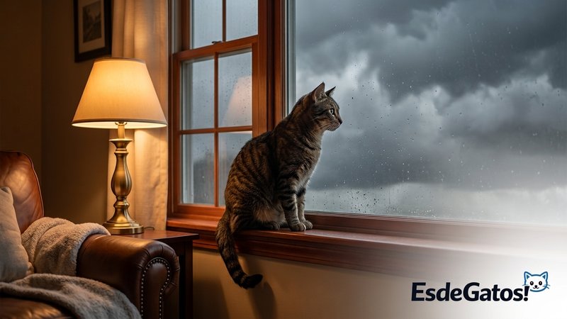Un gato inquieto asomado a la ventana de una casa cálida, mirando con atención el cielo nublado y gris antes de una torm